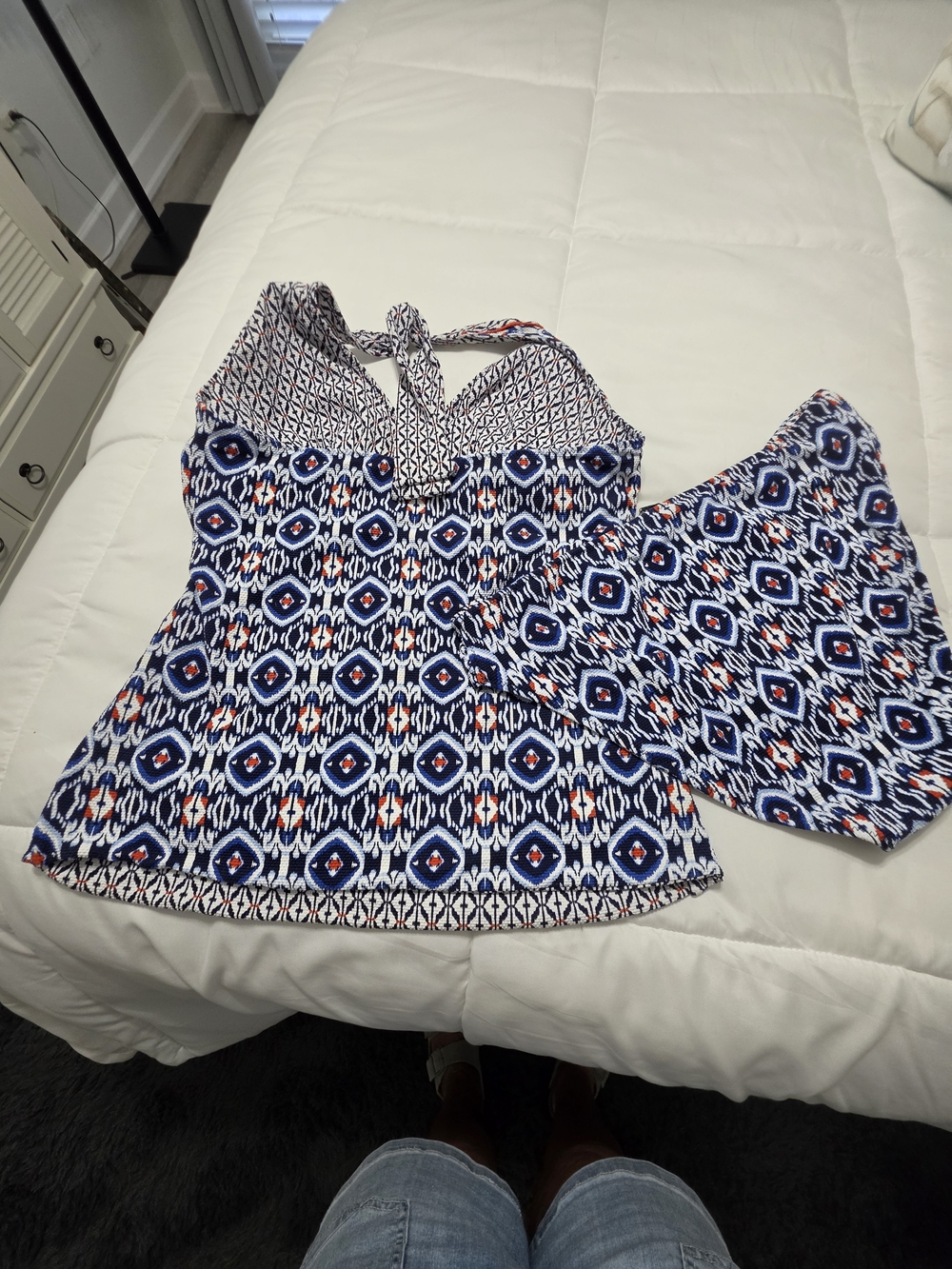 Reversable Tommy Bahama Navy, White and Red Geo Halter Tankini Swimsuit. Size XL - Picture 2 of 4